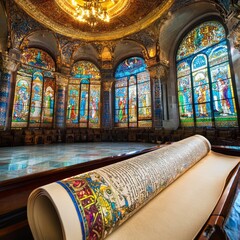 Canvas Print - An ancient scroll lies open in a room with stained glass windows.