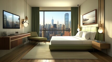 Contemporary hotel room in Brooklyn, New York, featuring a minimalist design with sage green accents, maple flooring, and a panoramic view of the Manhattan skyline