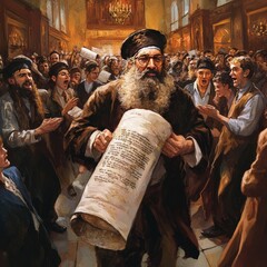 Wall Mural - An elderly man with a long beard and glasses holds a rolled-up scroll in a crowded room.