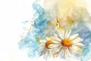 Poster - Chamomile Blossom and Essential Oil Drop. Hand-Drawn Watercolor Illustration for Herbal Spa Treatments