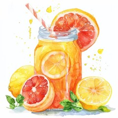 Sticker - Citrus Energy Blast Smoothie. Refreshing Beverages with Fresh Oranges, Grapefruits, and Lemons. Hand-painted Watercolor Illustration on White Background