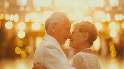 A timeless moment of love between an elderly couple, sharing a gentle embrace in a beautifully lit setting.