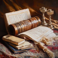 Canvas Print - An open book with a rolled up scroll on top of it, surrounded by other books and two candlesticks, all sitting on a rug.