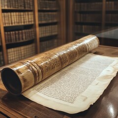 Poster - An open scroll of ancient text lies on a wooden table in a library, with bookshelves full of volumes in the background.