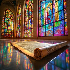 An open scroll lies on the polished floor of a cathedral with stained glass windows behind it.