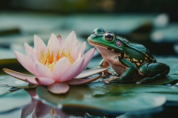 Poster - Green Frog Perched on a Lily Pad Beside a Water Lily