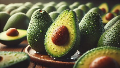 Wall Mural - An image of ripe avocados. The fruits have a natural, slightly glossy texture with visible water droplets