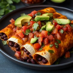 Wall Mural - Black bean enchiladas topped with avocado, salsa, and cilantro on a black plate.