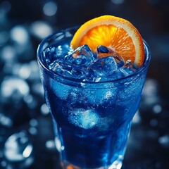 Canvas Print - Blue cocktail with ice and orange slice in a glass.