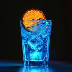 Blue cocktail with ice cubes and an orange slice in a tall glass on a dark background.