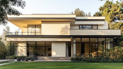 Exterior of a modern villa with cream-colored walls, black glass windows, and a flat roof design, showcasing a blend of simplicity and sophistication