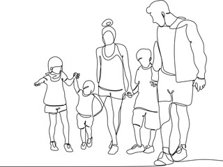 Wall Mural - Happy family linear drawing. Walk of parents with children.