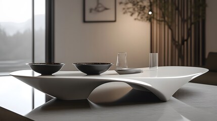 Wall Mural - A sleek table featuring 3D-rendered noodle bowls with an international flavor