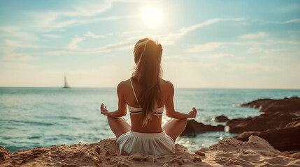 Woman meditating in yoga pose on a beach at sunset.