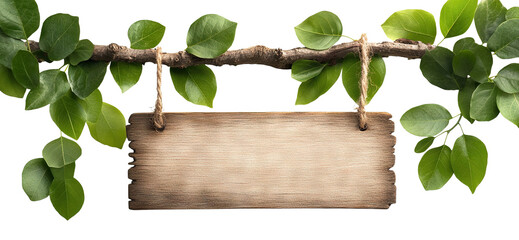 Wall Mural - Wooden signboard hanging on branch with green leaves, cut out