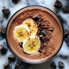 Wall Mural - Chocolate banana smoothie in a glass with chocolate chips and cocoa powder on top.