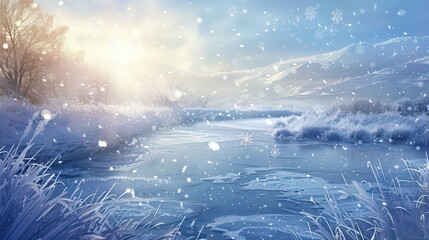 Sticker - A magical winter wonderland of a frozen pond surrounded by snow-covered hills,