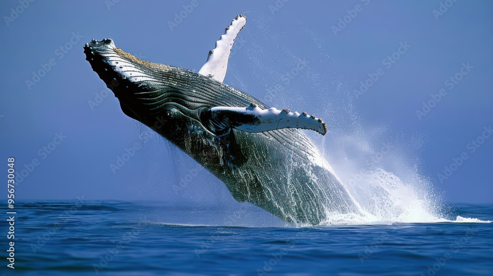 A majestic humpback whale breaching the surface of the ocean, its ...