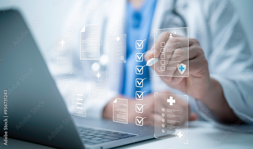Medical performance checklist, Medical worker using laptop doing online ...