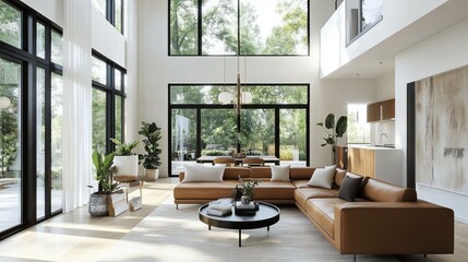 Interior of a modern townhouse with an open floor plan, featuring a stylish living area with contemporary furniture and large windows allowing natural light