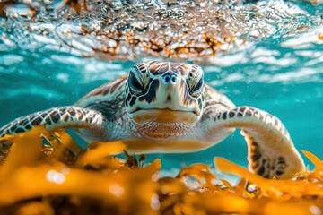 Wall Mural - Close-up of a Sea Turtle Swimming Through Seaweed