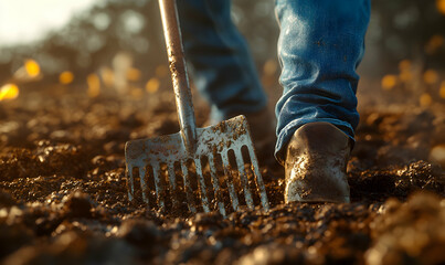 A close up shot of muddy work boots and a shovel in the soil.