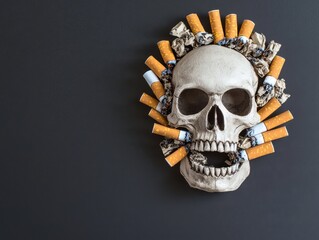 A striking skull adorned with cigarettes, symbolizing the dangers of smoking in a creative and impactful way.