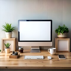 Clean and minimal workspace mockup featuring a blank desktop computer screen. keyboard. mouse. and smartphone.