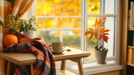 Cozy autumn scene featuring a warm cup of coffee, colorful plaid blanket, and decorative pumpkin near a sunny window