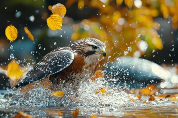 Canvas Print - A Hawk Emerging From Water With Autumn Leaves Falling