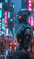 Wall Mural - Cyberpunk Robot in Neon City Rain