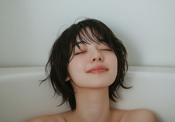 Poster - A Japanese woman is relaxing in the bathtub, her eyes closed and she's smiling as if enjoying herself.