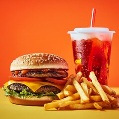 Wall Mural - Close-up of a classic cheeseburger, french fries, and a fizzy drink, arranged on a yellow surface against an orange background.