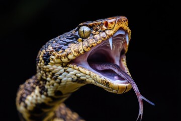 Wall Mural - Close-up of a Snake's Head with Fangs and Forked Tongue