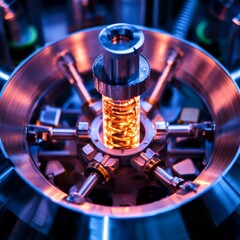 Poster - Close-up of a glowing orange coil in a machine with a blue and silver metallic surround.