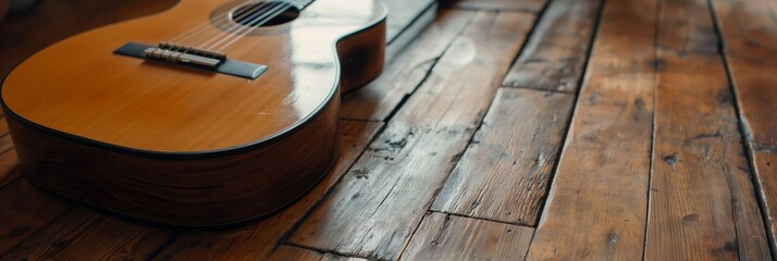 An acoustic guitar with a polished wooden body gently rests on a beautifully worn wooden floor, bathed in natural light, evoking musical serenity and creativity.