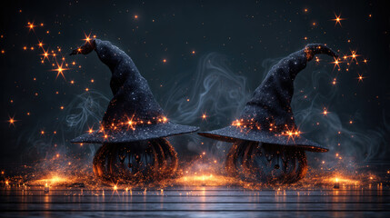 Two halloween pumpkins wearing hats with sparkles emitting smoke on wood surface