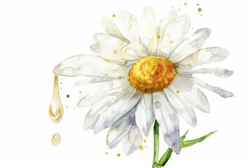 Hand-drawn Watercolor Chamomile Flower with Essential Oil Drop on a White Background