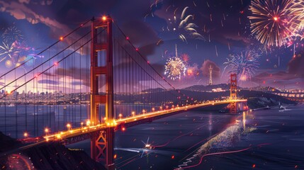 Sticker - A night view of the Golden Gate Bridge with fireworks in the sky, creating a festive