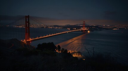 Sticker - A nighttime view of the Golden Gate Bridge, with its lights glowing against the dark sky and the city lights twinkling in the distance