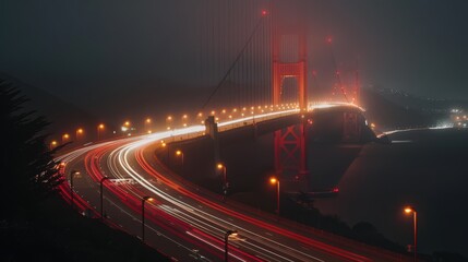 Sticker - A nighttime view of the Golden Gate Bridge with long exposure, capturing the trails of car lights as they cross the bridge and the illuminated structure