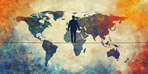 Silhouette of a business person standing on a map, symbolizing global connectivity and leadership in a vibrant, abstract setting.