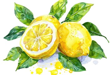 Poster - Hand-drawn Watercolor Illustration of Fresh Lemon and Leaves. Delicious and Healthy Citrus Fruit