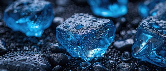 Wall Mural - Closeup of blue ice cubes with water droplets on black surface