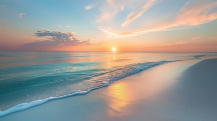 Wall Mural - A panoramic beach sunset view with the sun setting over a calm ocean, casting vibrant reflections across the water and a soft