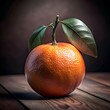 © Ehtisham - A realistic 3D rendering of a single tangerine with a green leaf. resting on a wooden surface.