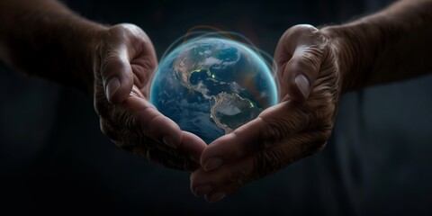 A pair of hands gently cradles a glowing Earth, symbolizing global care, unity, and environmental protection in a dramatic, hopeful presentation of our planet's fragility.