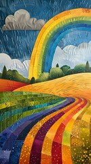 Wall Mural - The rainbow appeared in the field illustration poster background