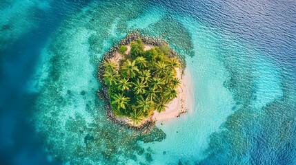 Poster - A stunning drone photograph capturing a small, secluded island with palm trees, encircled by crystal-clear, shallow waters.