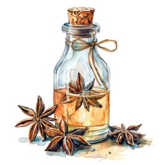 Sticker - Hand-Drawn Watercolor Illustration of Star Anise and Essential Oil Bottle for Natural Aromatherapy and Wellness